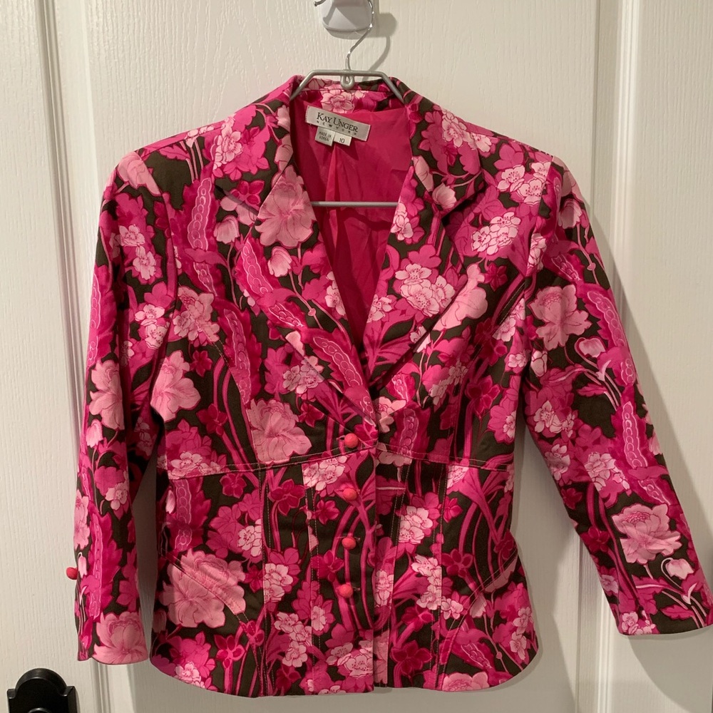 Kay Unger New York Pink Retro Floral Print Jacket Blazer Sz 10